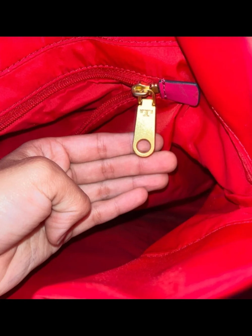 Tory Burch Red Logo Nylon Tote with Leather Trim